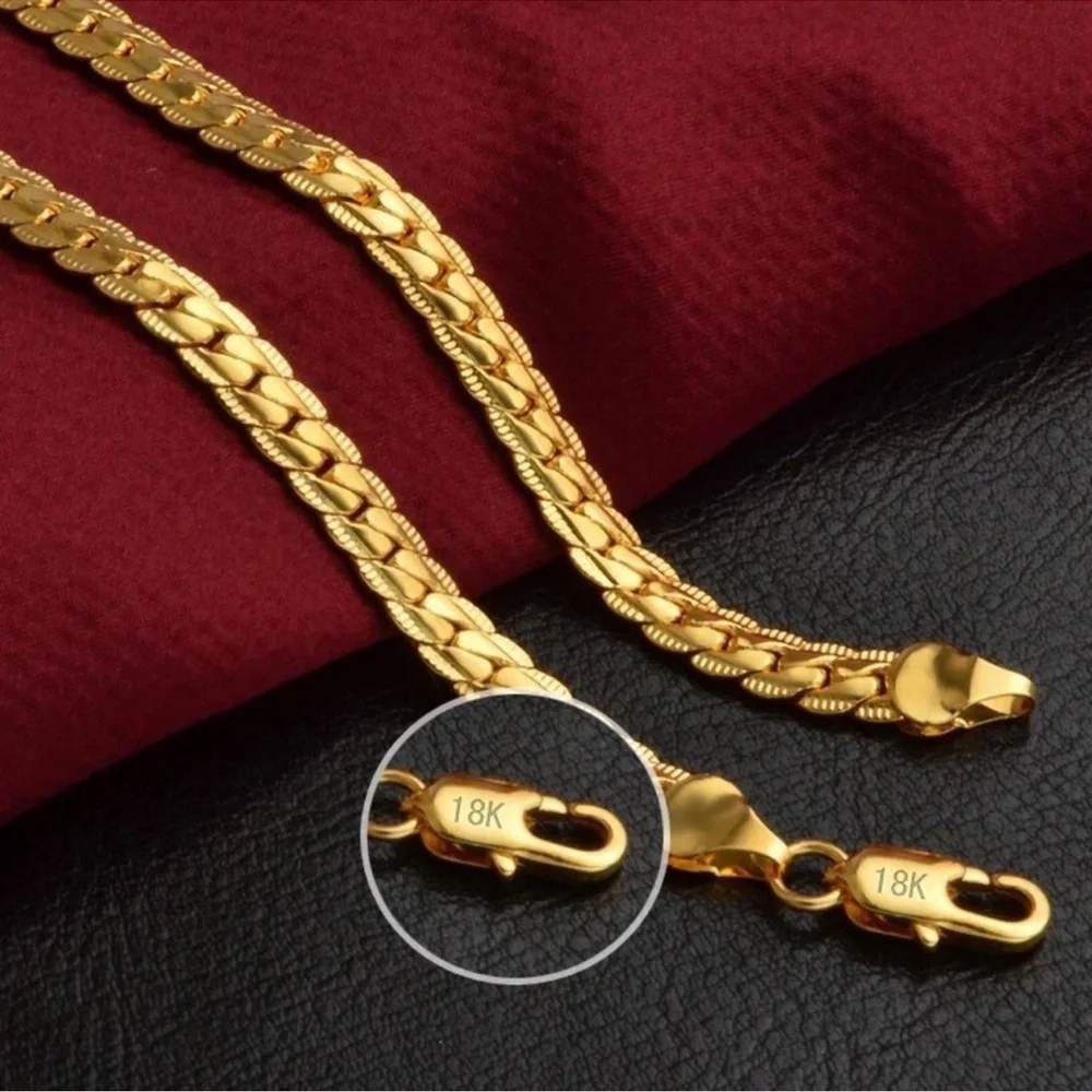 18k Gold 45cm 5MM Full Sideways Chain Necklace For Women Men Fashion Jewelry - Picture 1 of 3